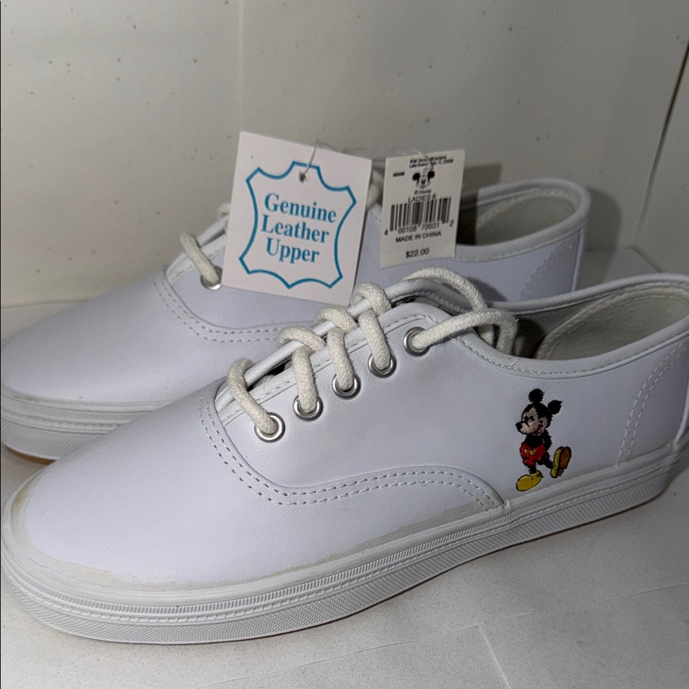 Ladies Size 6 Brand New Disney Leather Sneakers with Embroidered Mickey NWT